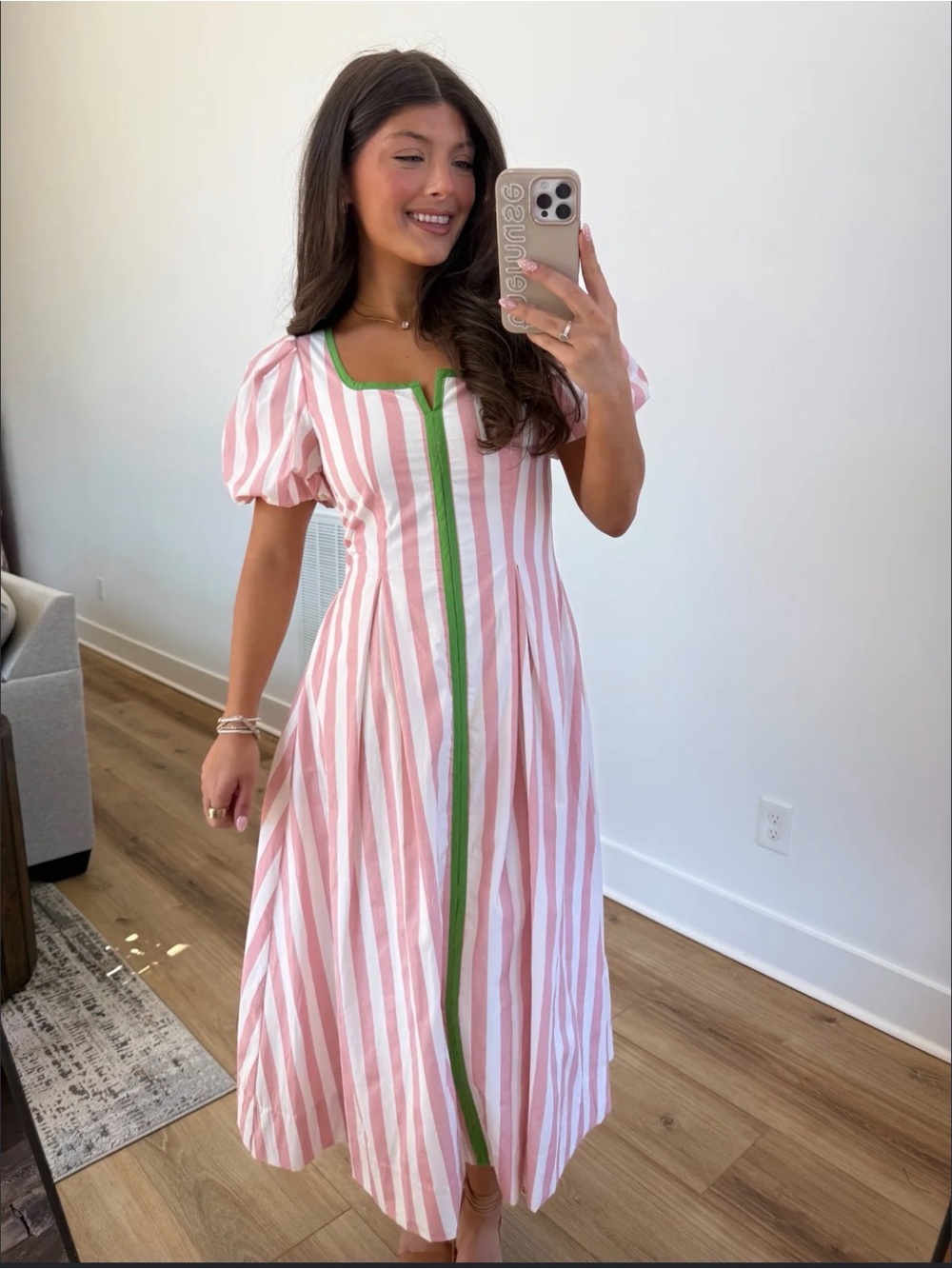 TCEC Pink and White Striped Maxi Dress with Green Trim